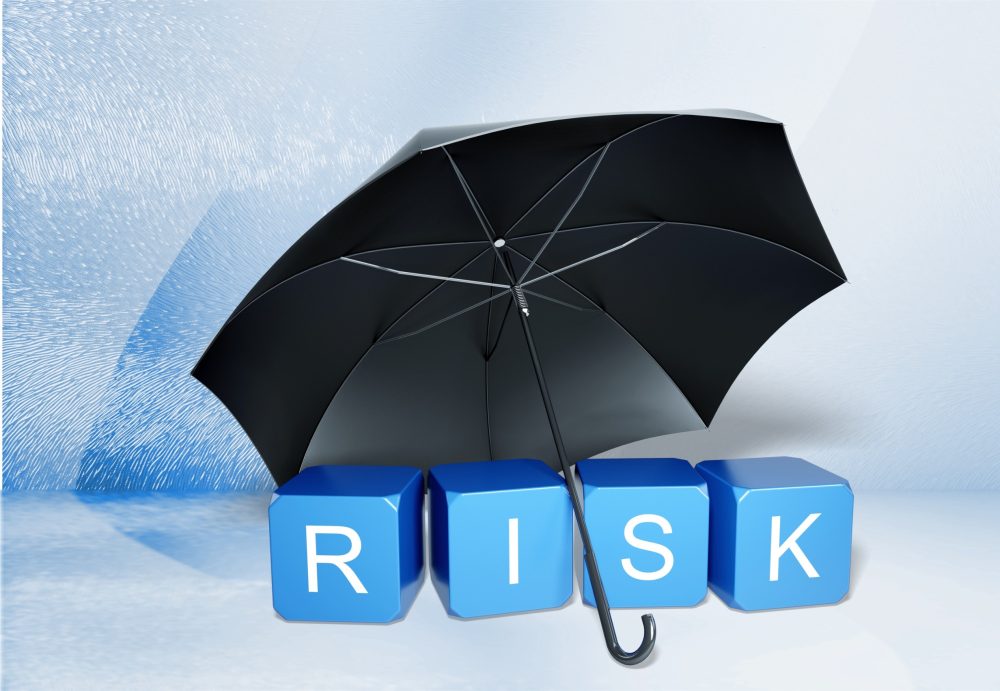 Black umbrella protecting blue blocks that read "risk"