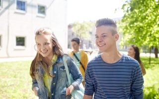 education, high school, communication and people concept - group of happy teenage students walking outdoors