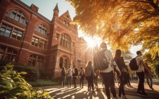 Group of students going to study on campus. Friends are walking around university. Happy Boys and girls. AI generated man and woman