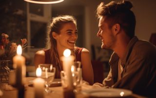 A man and a woman sitting at a table with candles.